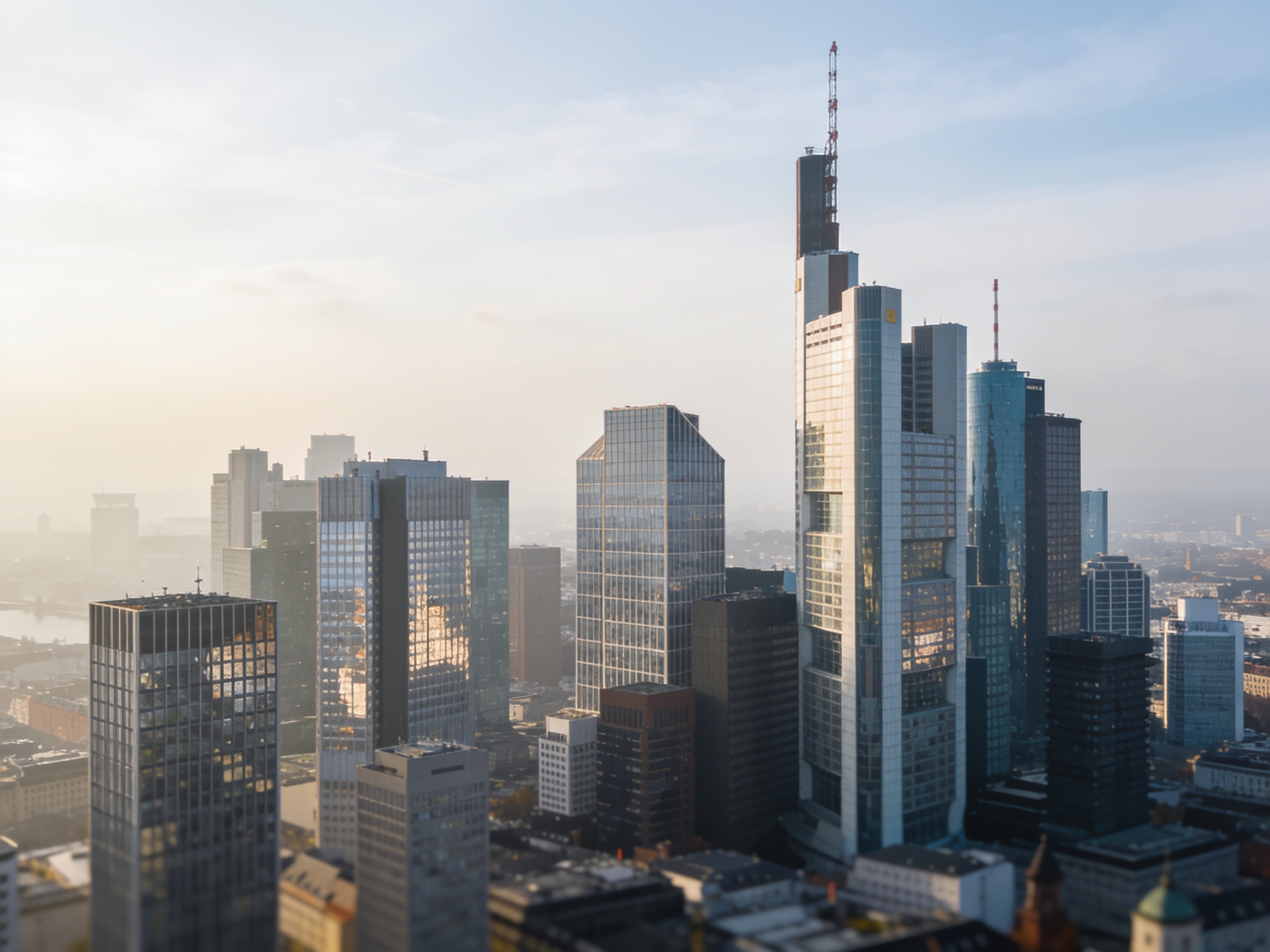 Die Skyline von Frankfurt am Main mit Hochhäusern bei klarem Himmel