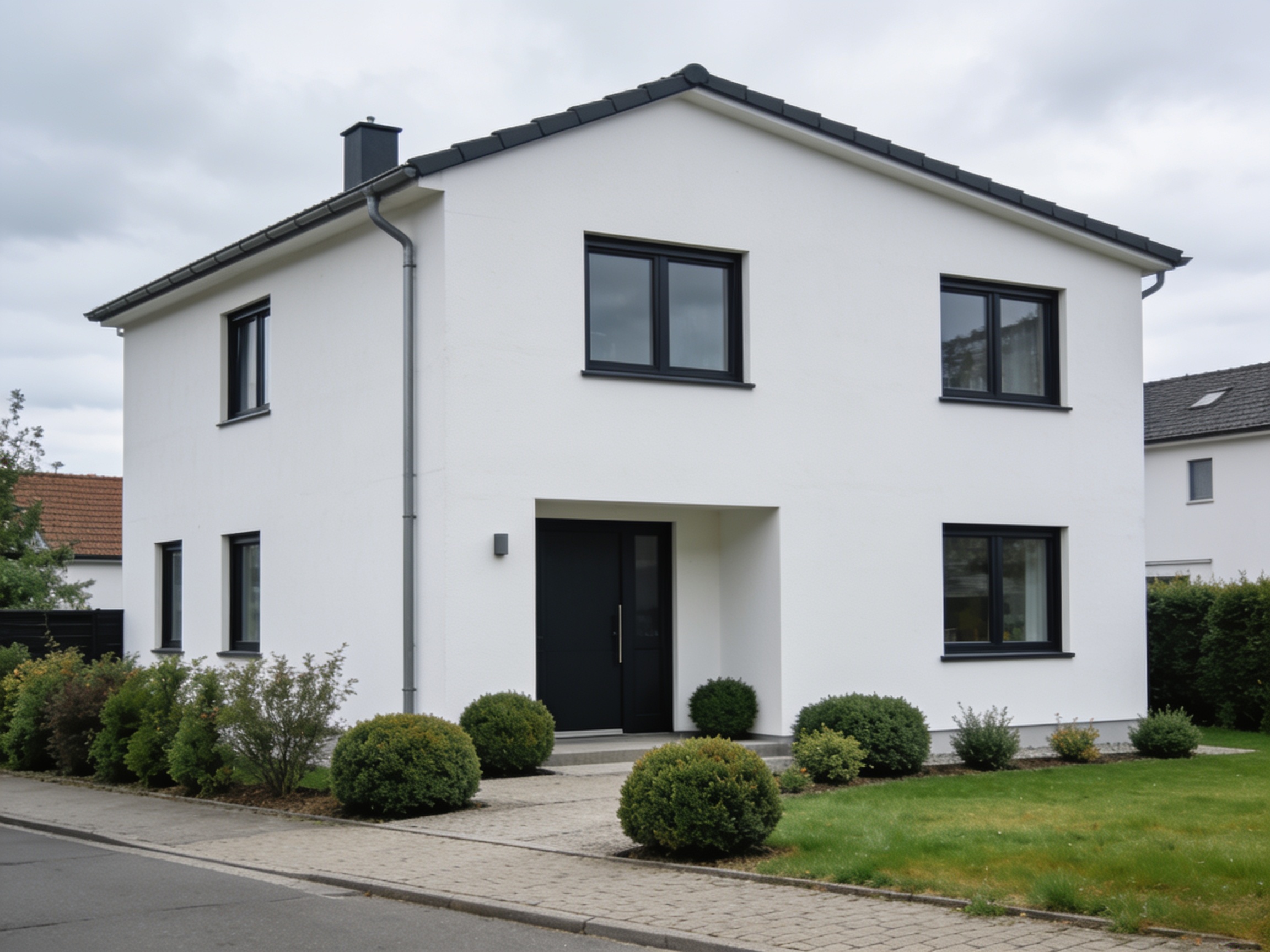 Modernes weißes Einfamilienhaus mit gepflegtem Vorgarten von der Straße aus