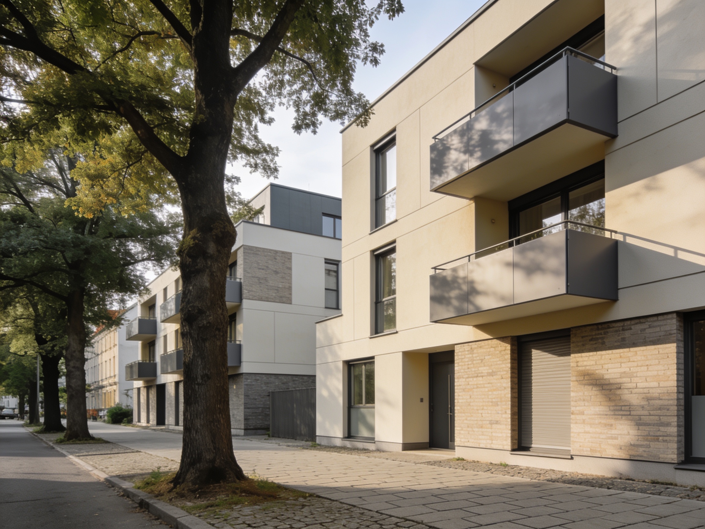 Modernes städtisches Wohnquartier mit Balkonen an einer baumgesäumten Straße