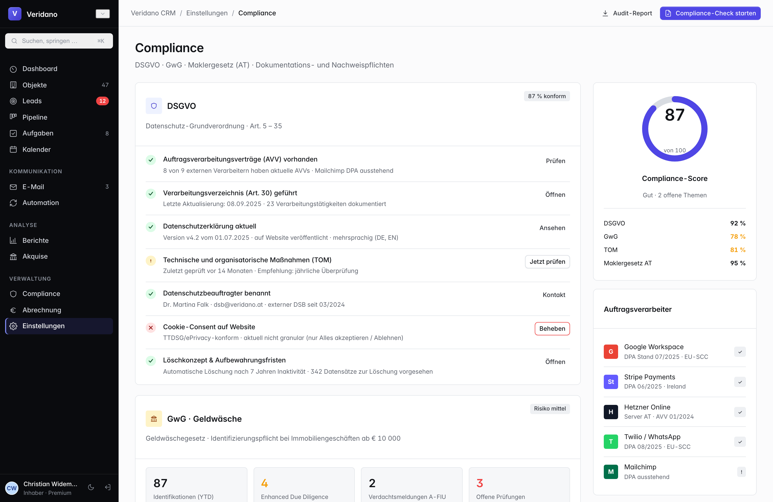 Compliance-Ansicht mit DSGVO-Anträgen, Fristen-Verfolgung und GwG-Prüfung je Lead