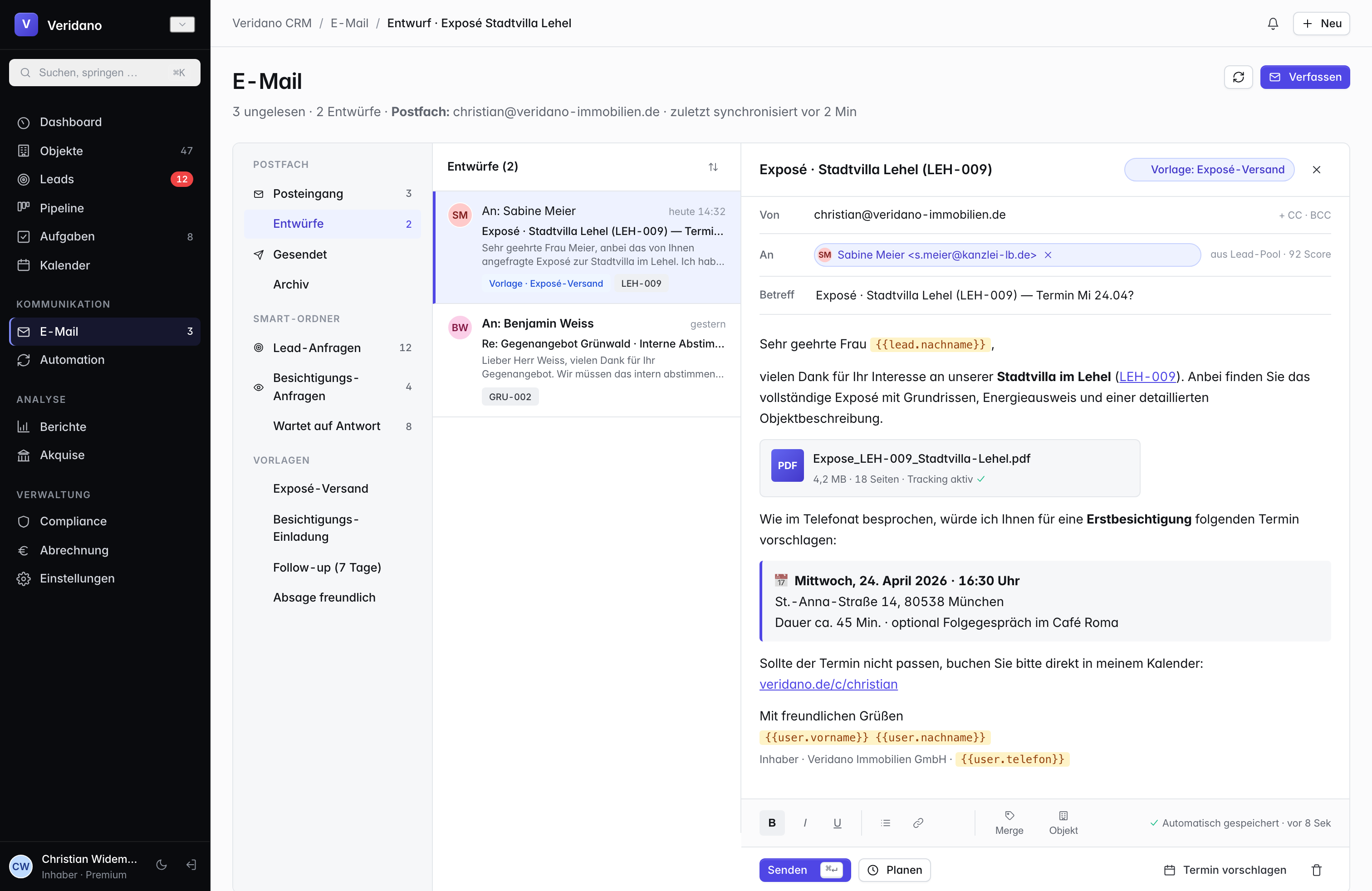 KI-Editor für Exposés und E-Mails mit Vorlagen, Platzhaltern und Tonalität