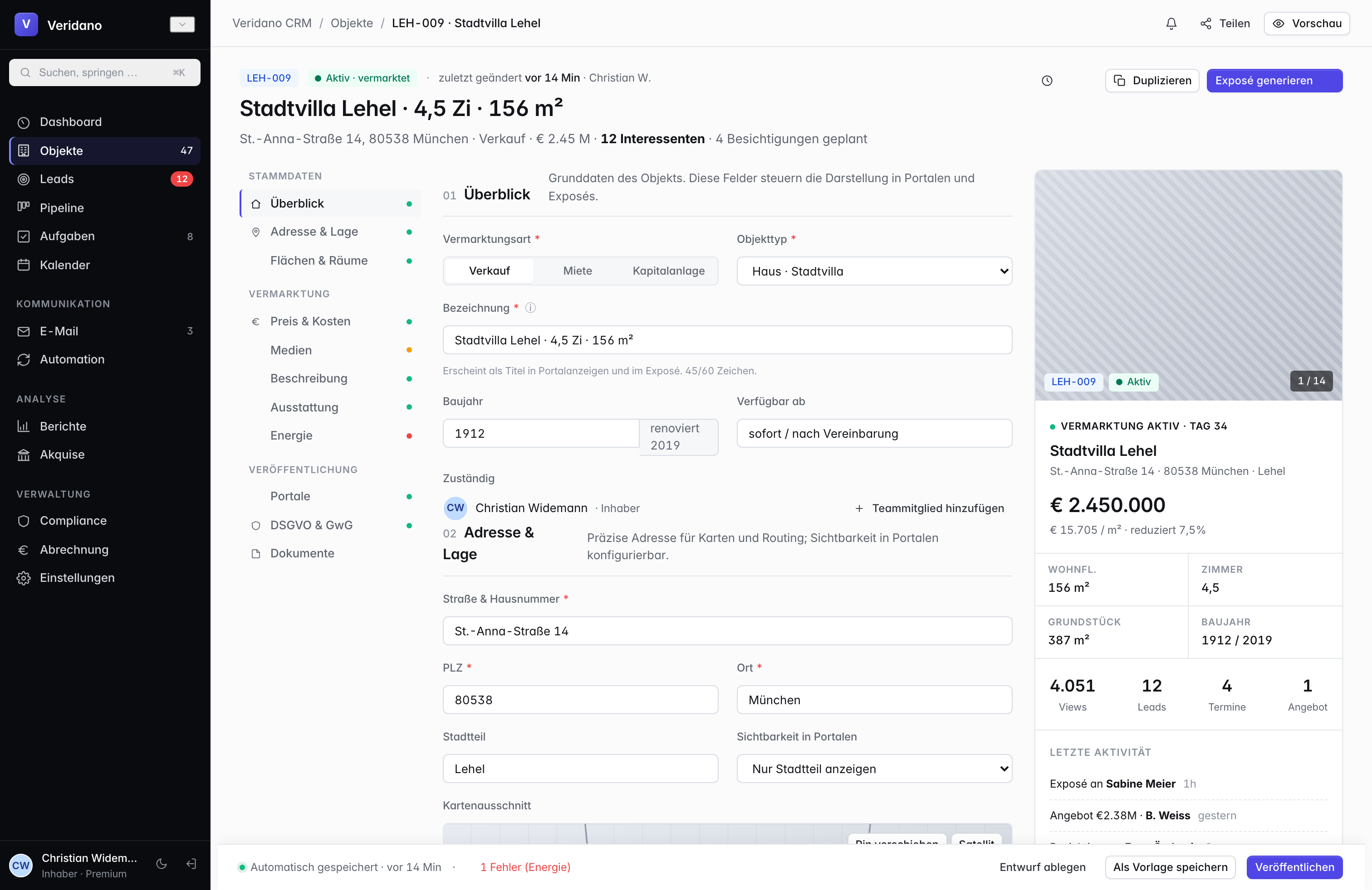 Objekt-Bearbeitung mit Galerie, Ausstattung, Preis und Portal-Veröffentlichung